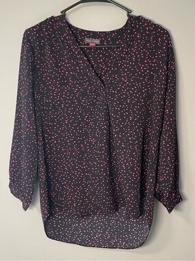 Vince Camuto Black Women’s Small Blouse Pink Speckle Print Sheer Flowy Feminine